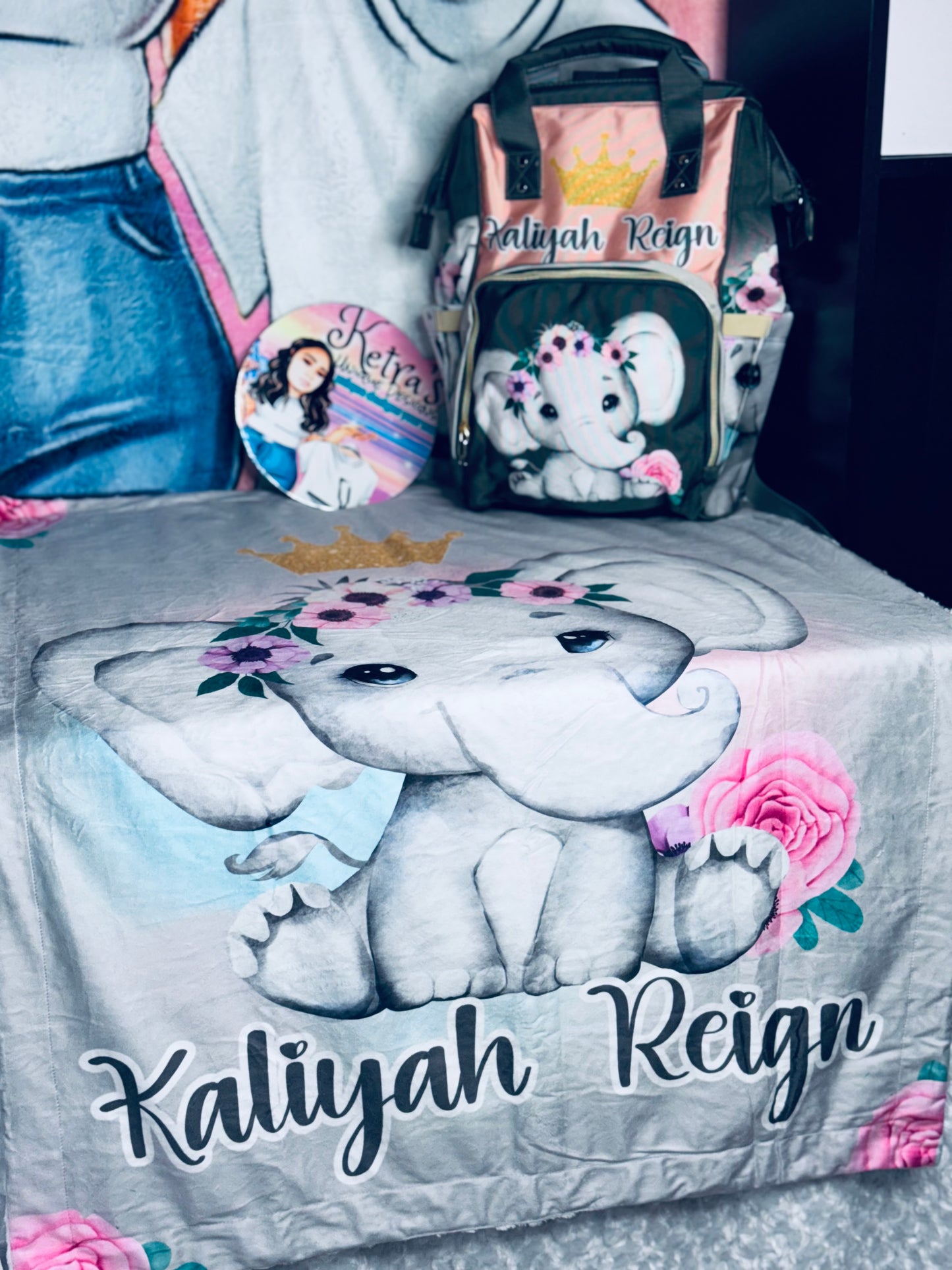 Elephant Diaper Bag and Minky Baby Blanket Bundle