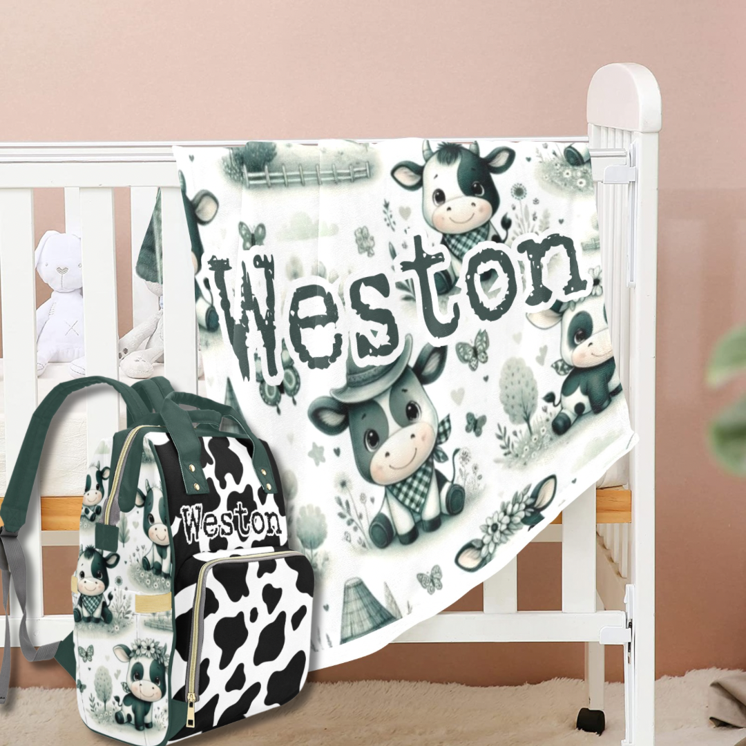 Cow Print Diaper bag and Baby Blanket Bundle