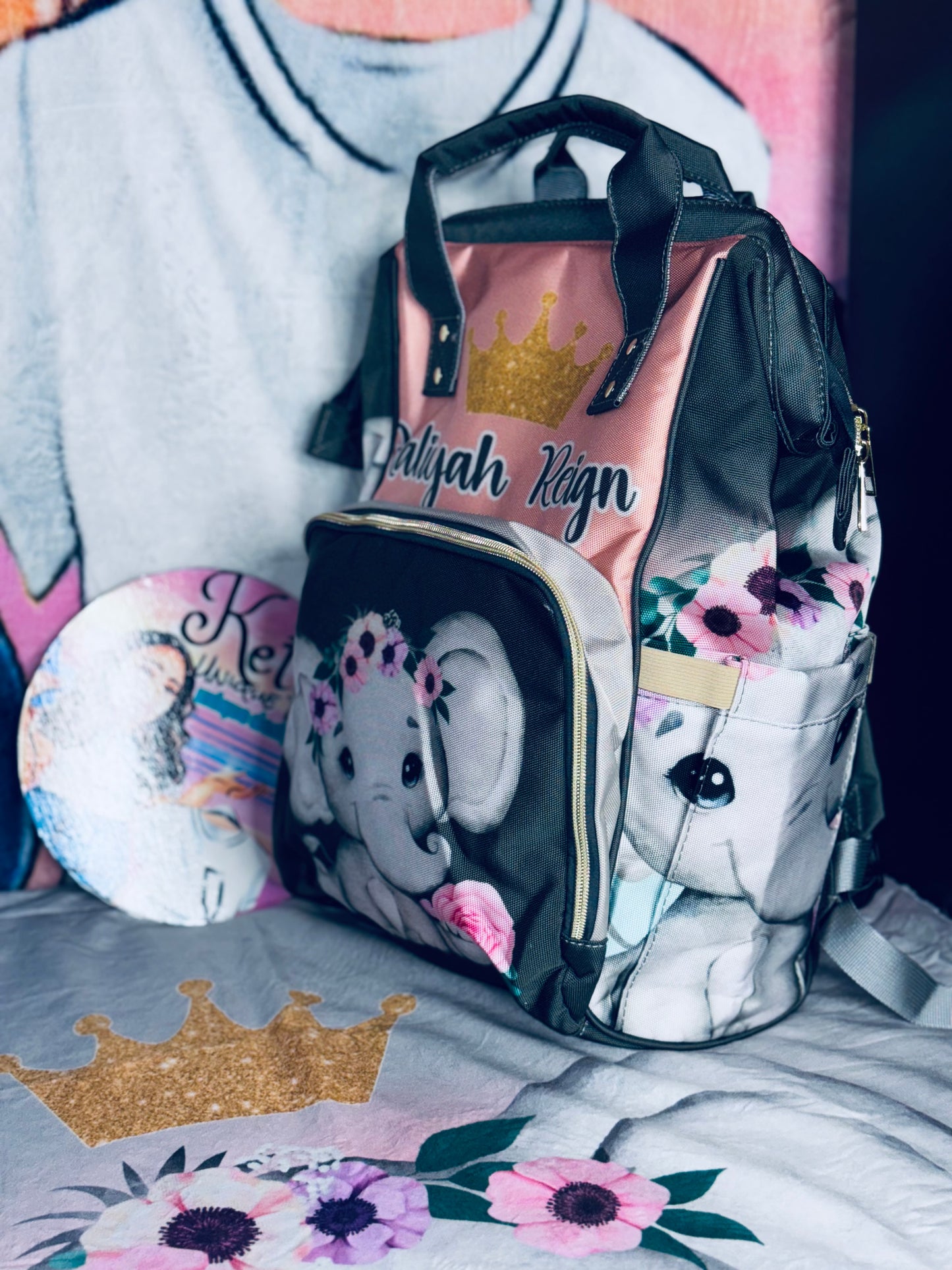Elephant Diaper Bag and Minky Baby Blanket Bundle