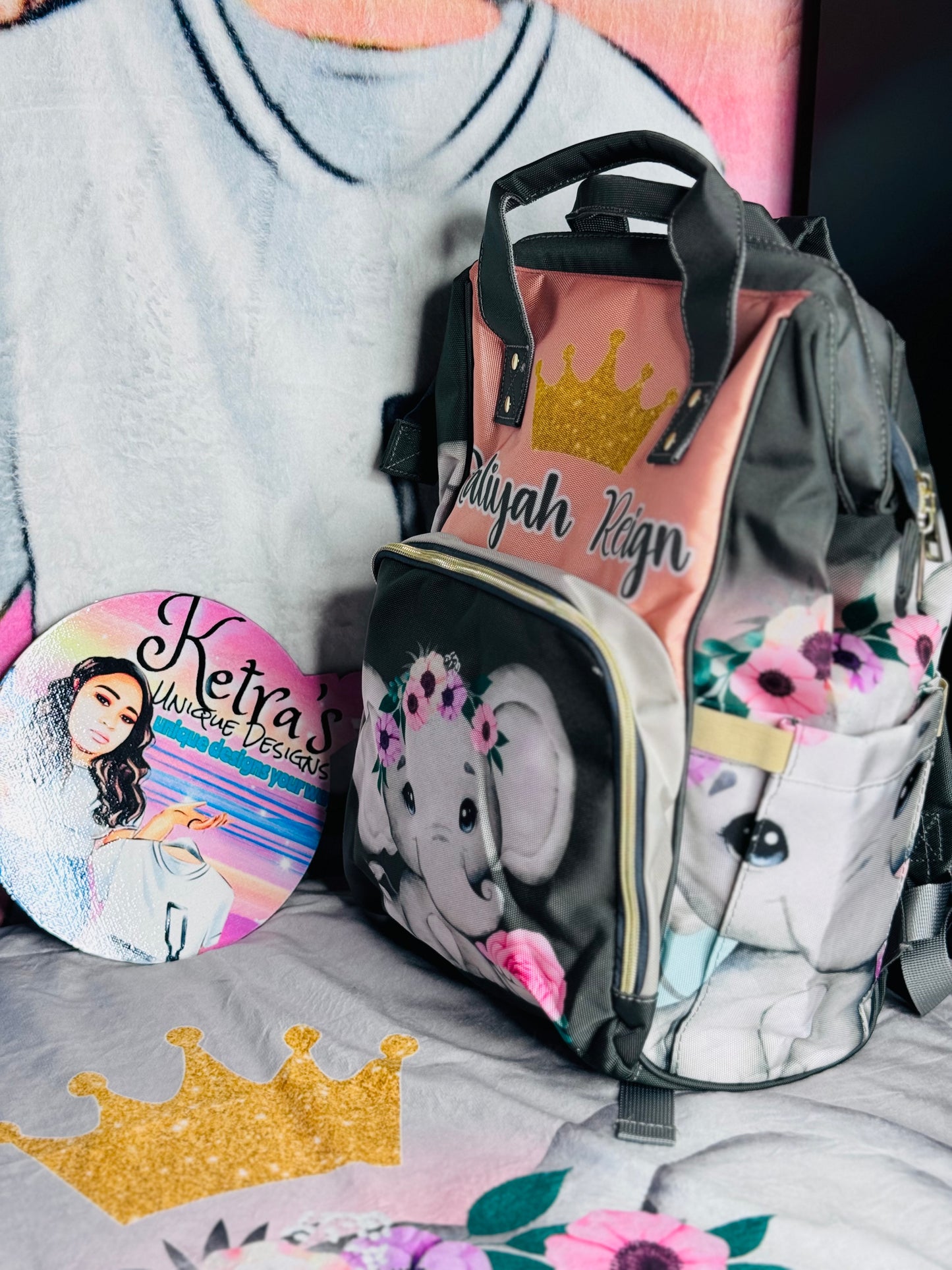 Elephant Diaper Bag and Minky Baby Blanket Bundle