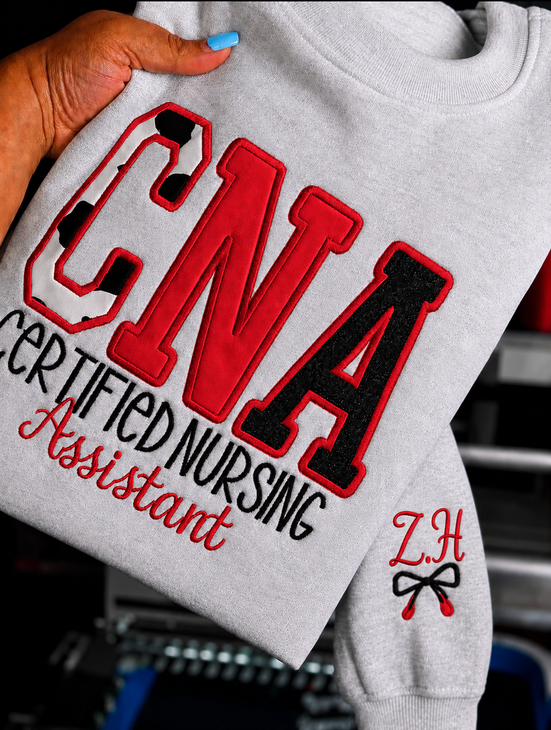 CNA Sweatshirt Cow Print- With Sleeve Personalization