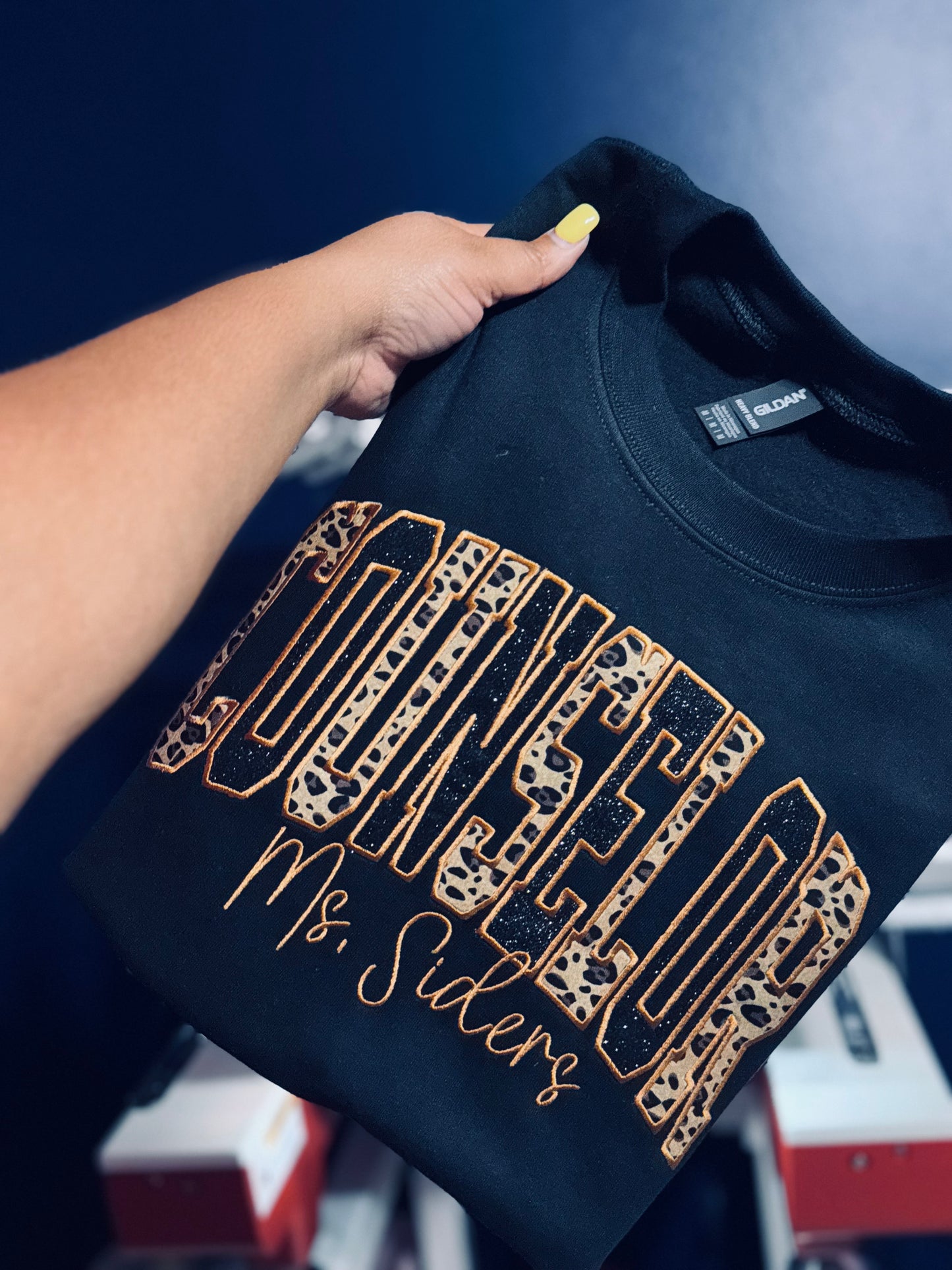 Personalized Counselor Appliqué Sweatshirt | Animal Print & Glitter