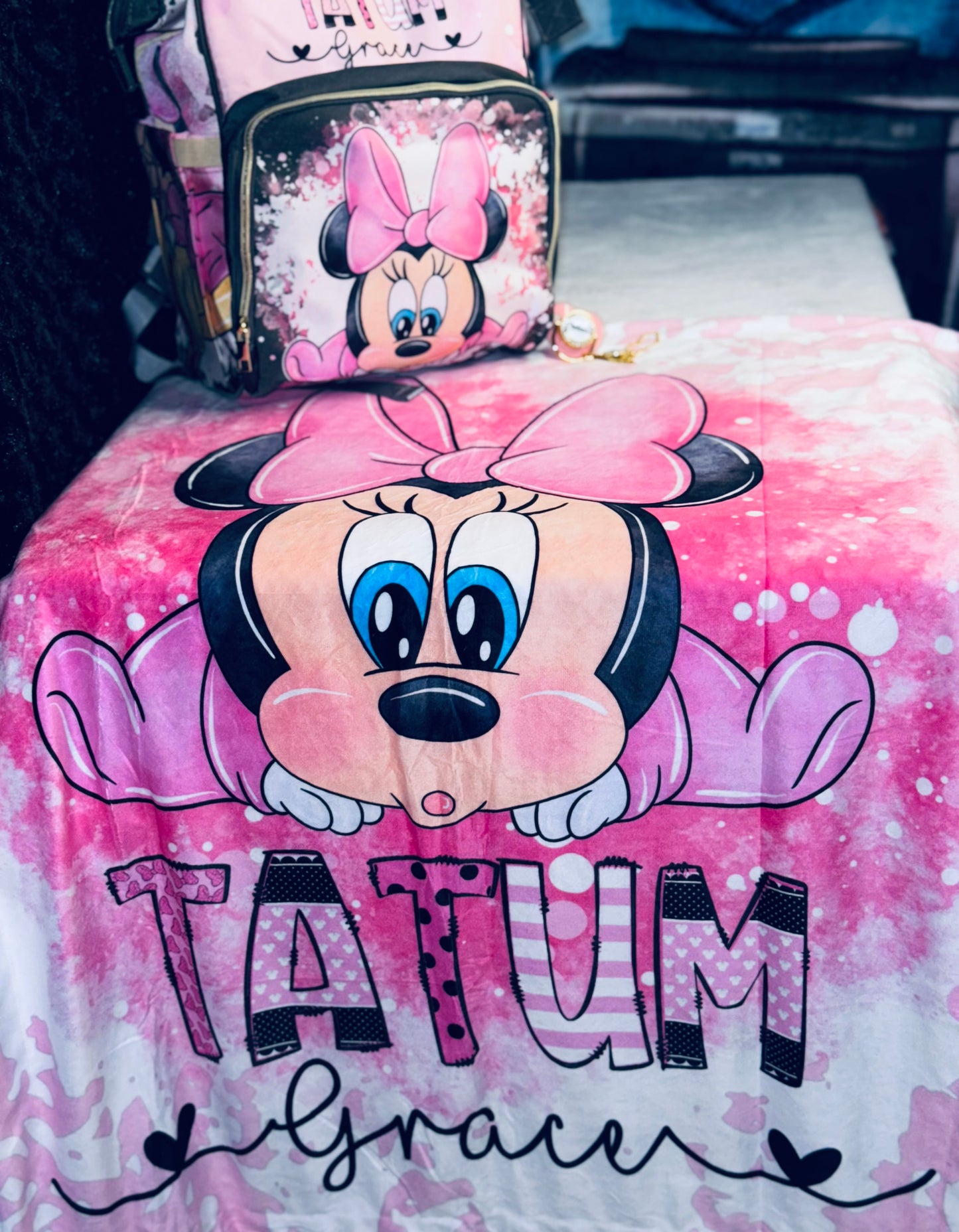 Minnie Mouse Diaper Bag and Minky Baby Blanket Bundle