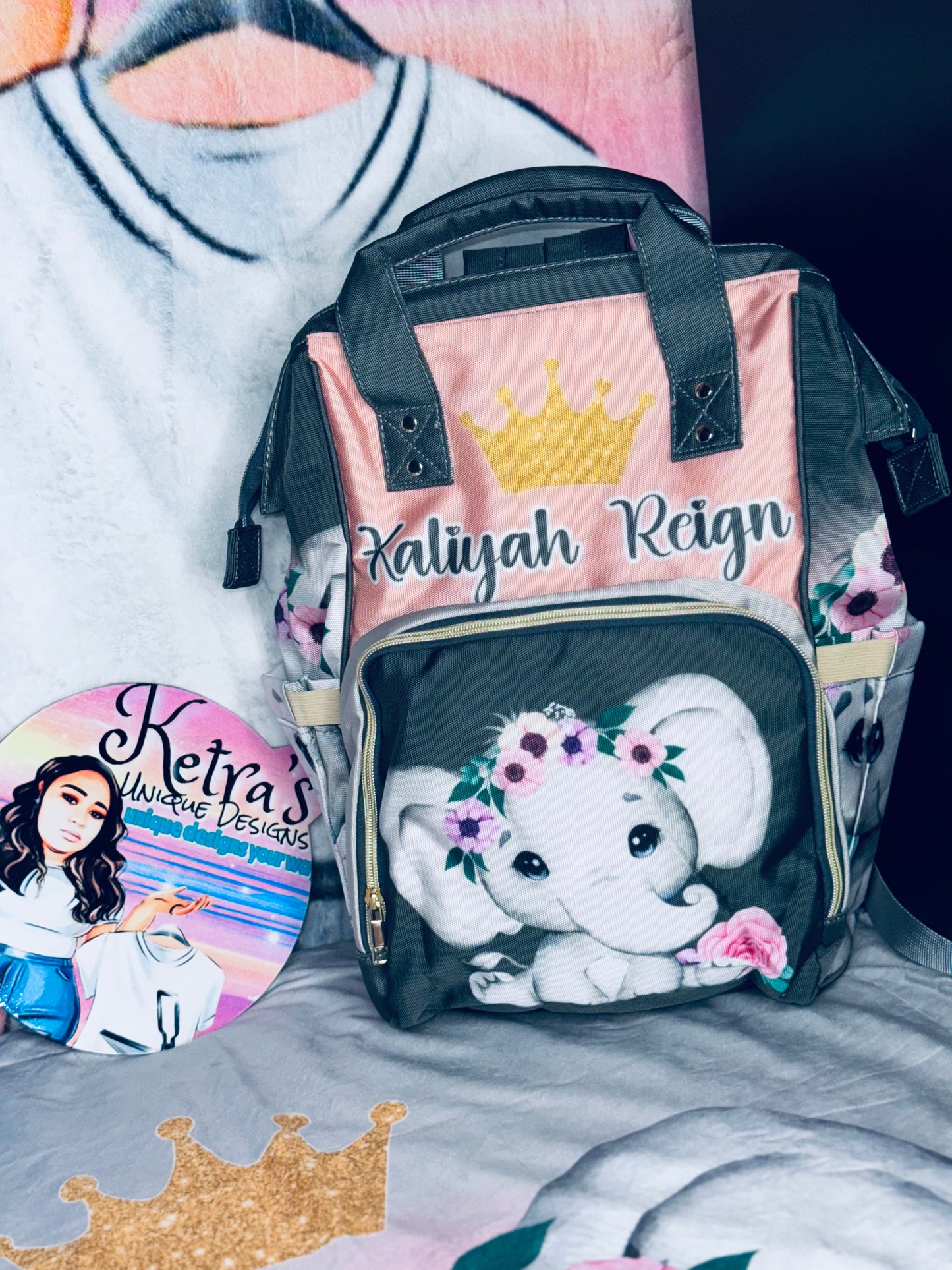 Elephant Diaper Bag and Minky Baby Blanket Bundle
