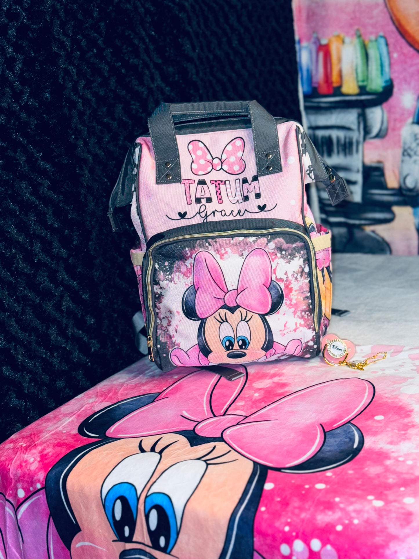 Minnie Mouse Diaper Bag and Minky Baby Blanket Bundle