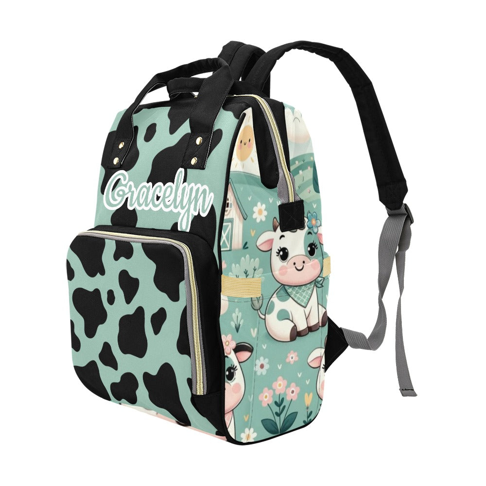 Baby cow Print Diaper Bag and Minky Baby Blanket Bundle