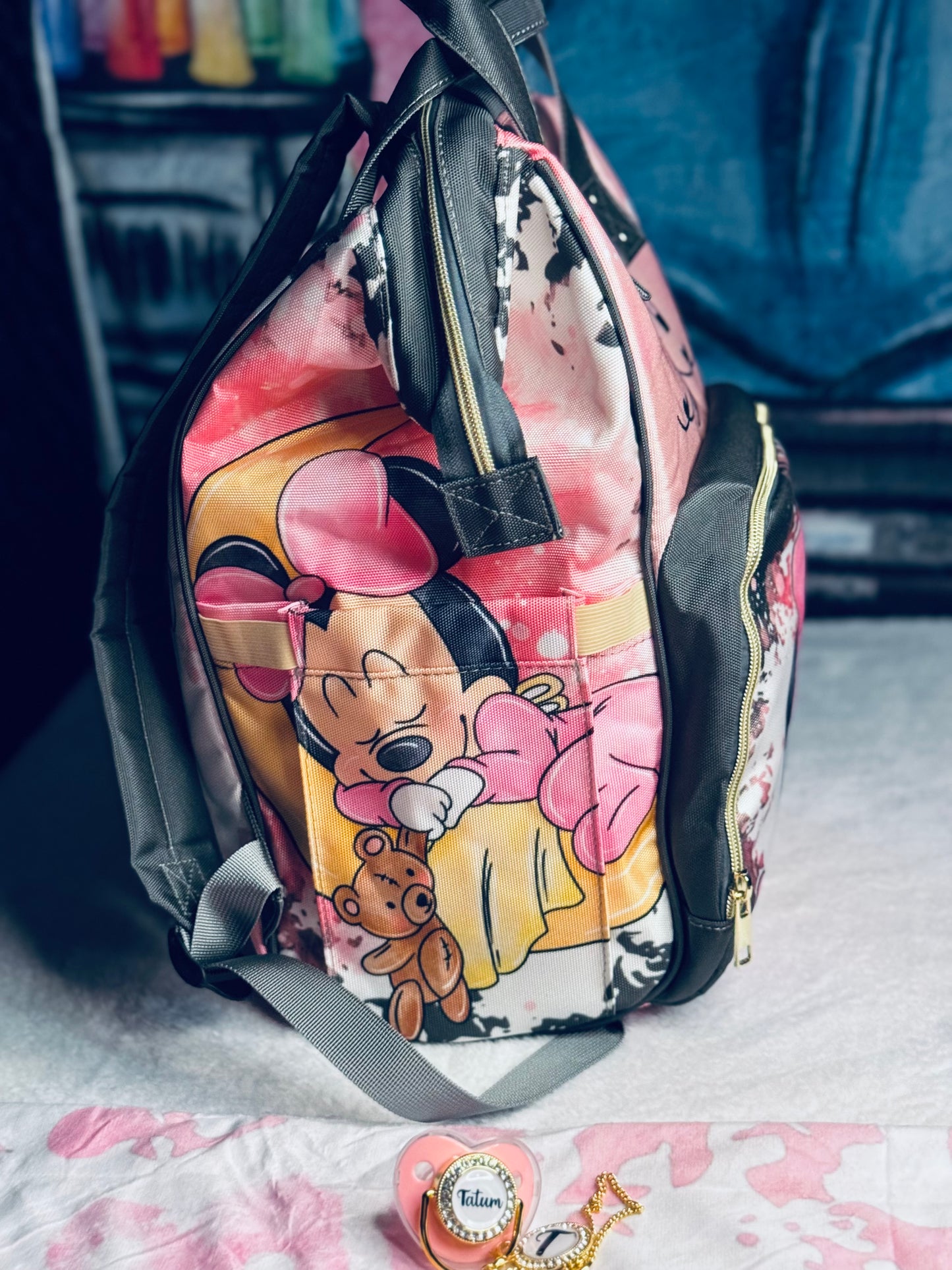 Minnie Mouse Diaper Bag and Minky Baby Blanket Bundle