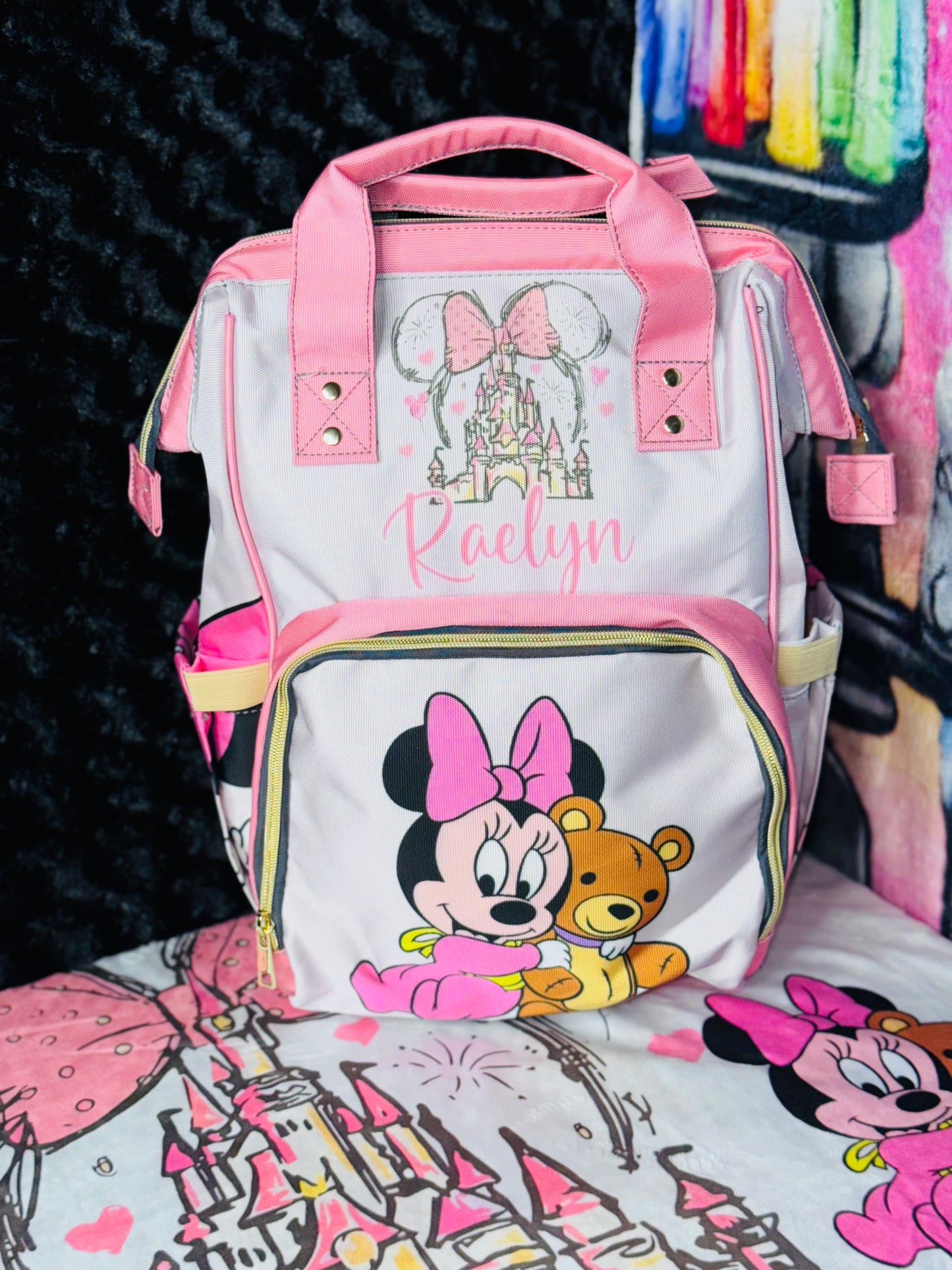 Minnie Mouse Diaper Bag and Minky Baby Blanket Bundle