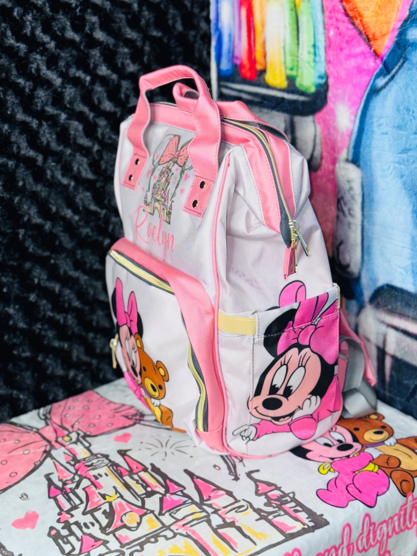 Minnie Mouse Diaper Bag and Minky Baby Blanket Bundle