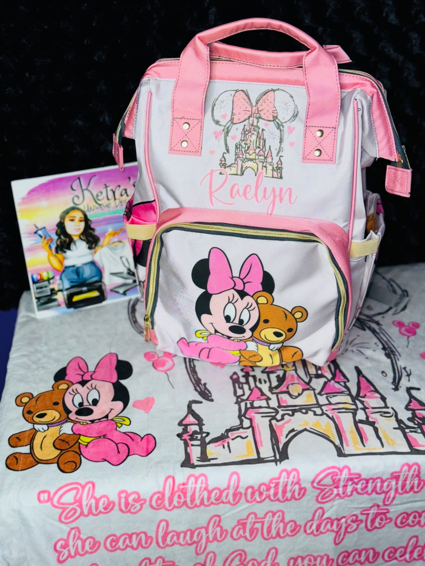 Minnie Mouse Diaper Bag and Minky Baby Blanket Bundle