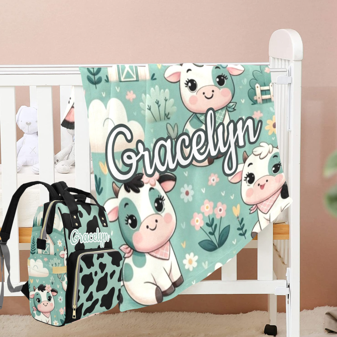 Baby cow Print Diaper Bag and Minky Baby Blanket Bundle