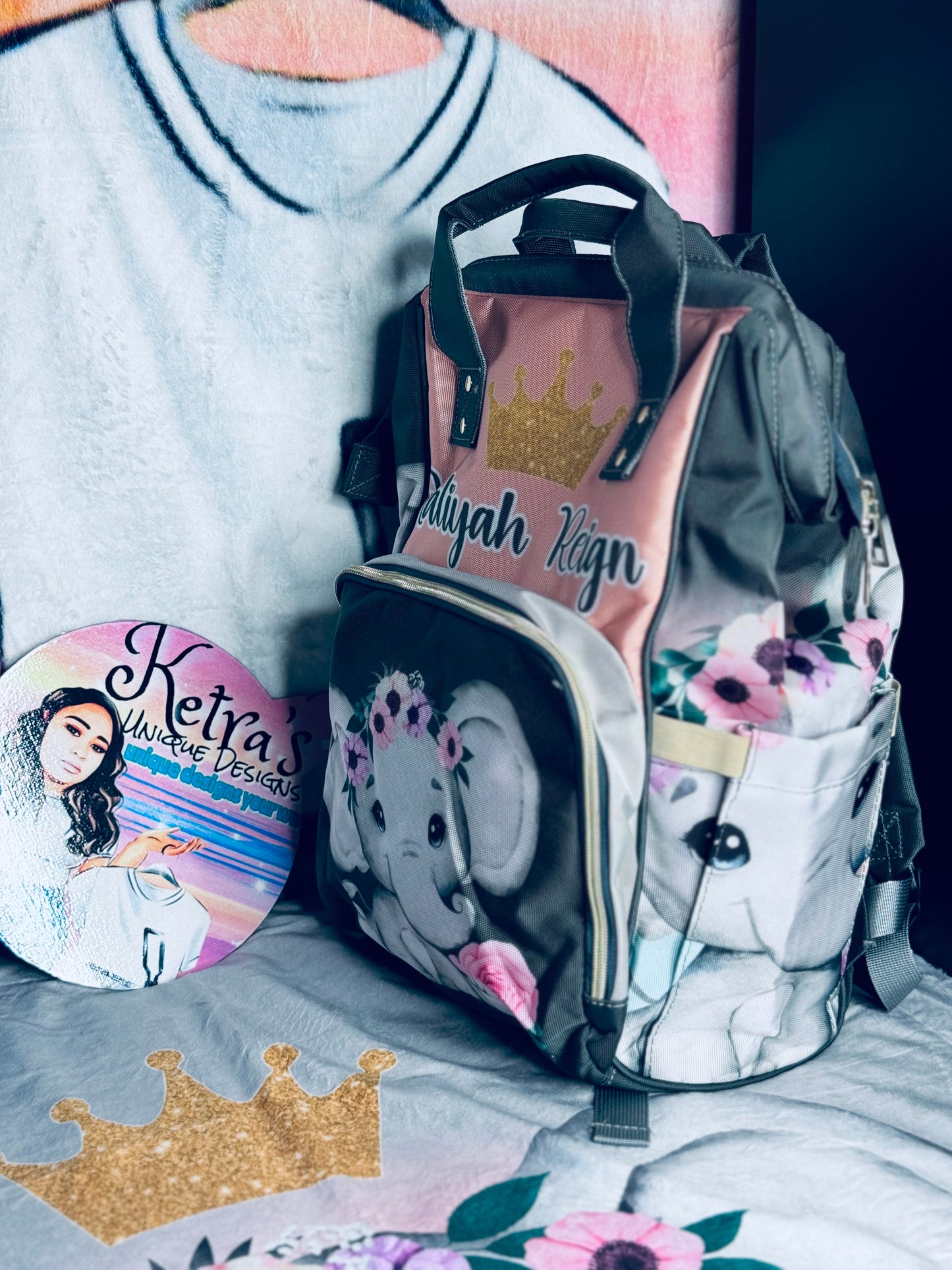 Elephant Diaper Bag and Minky Baby Blanket Bundle