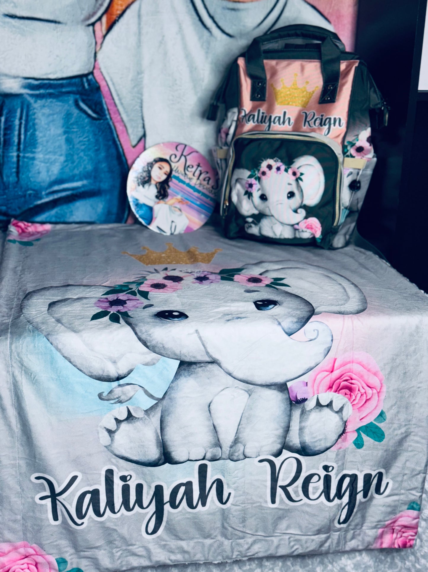 Elephant Diaper Bag and Minky Baby Blanket Bundle