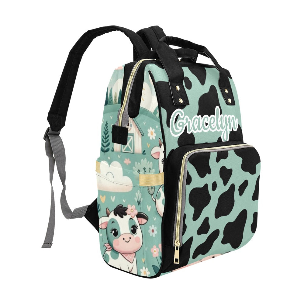 Baby cow Print Diaper Bag and Minky Baby Blanket Bundle