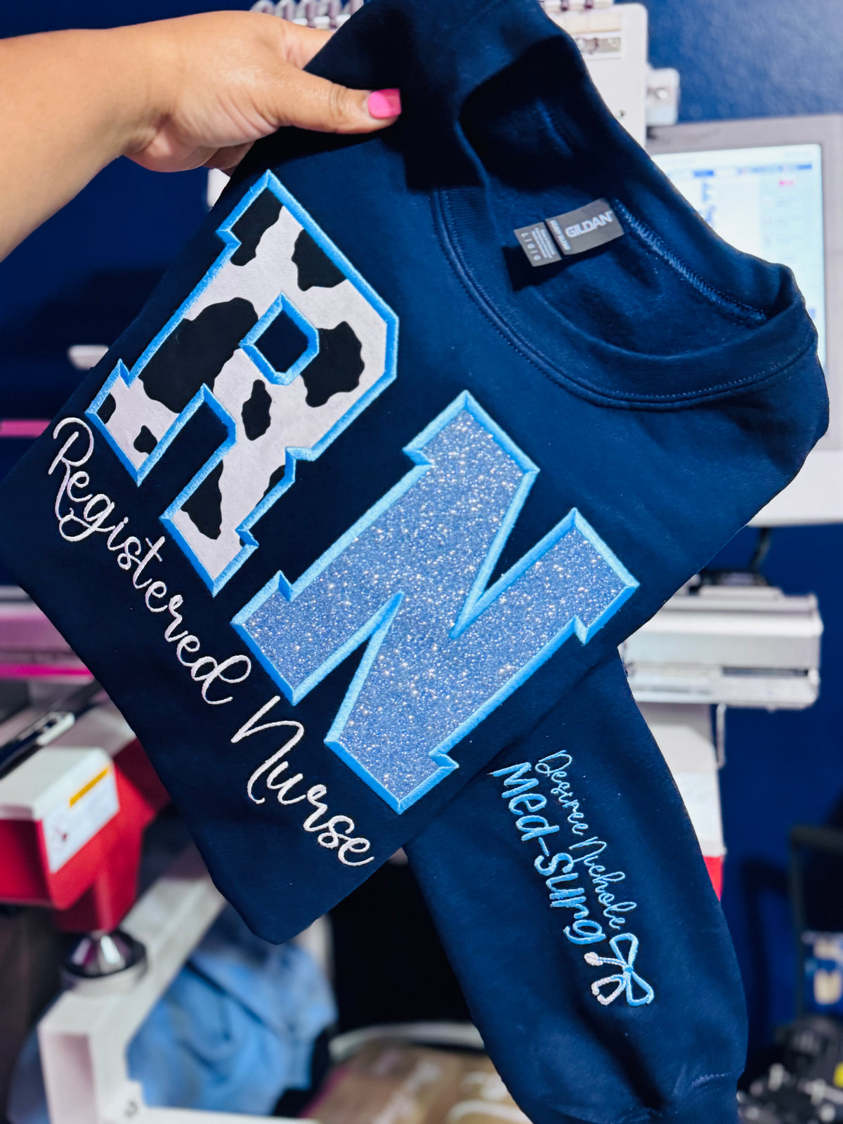 Cowprint & Glitter Appliqué Sweatshirt- with sleeve personalization