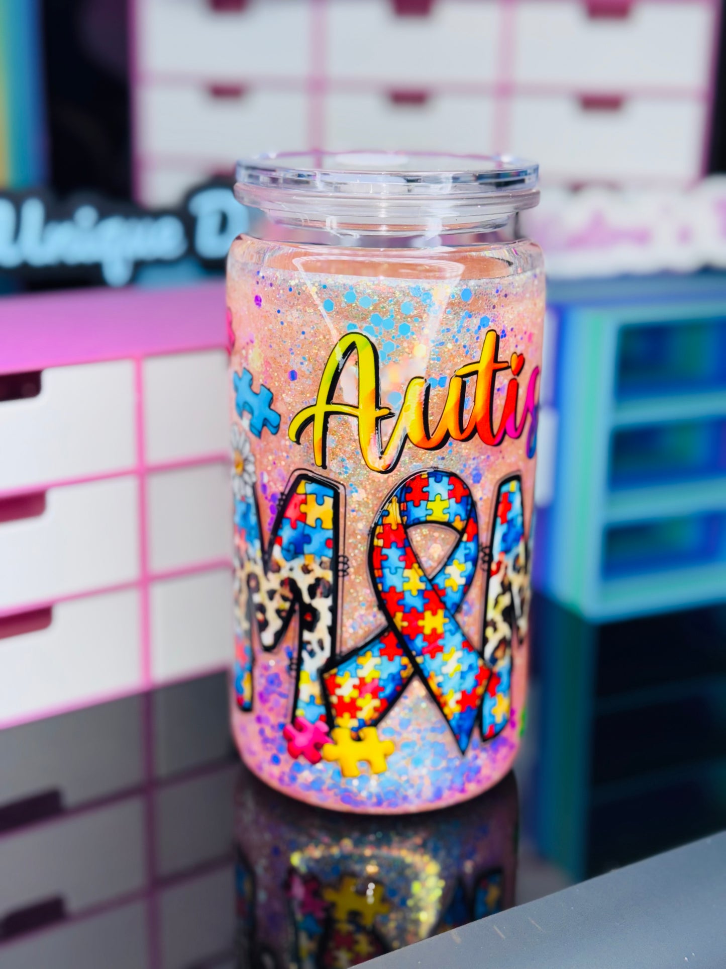 16oz Acrylic AUTISM MAMA Snow globe Tumbler (Ready To ship)