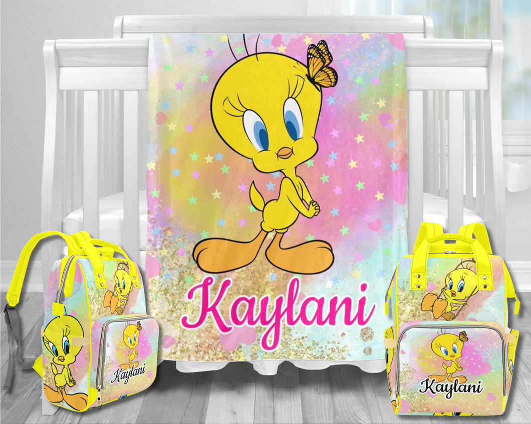 Tweety Bird Minky Baby Blanket and Diaper Bag Bundle