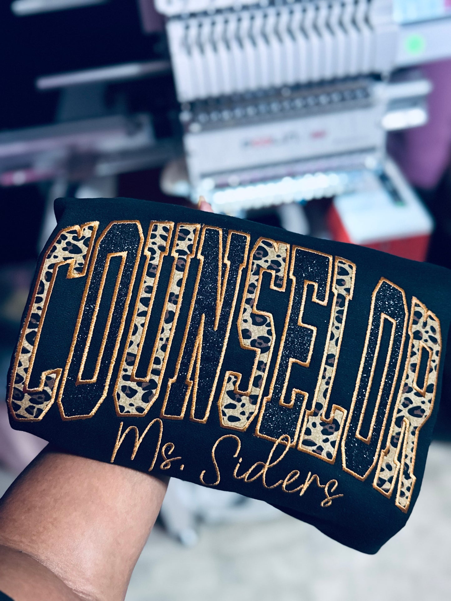 Personalized Counselor Appliqué Sweatshirt | Animal Print & Glitter