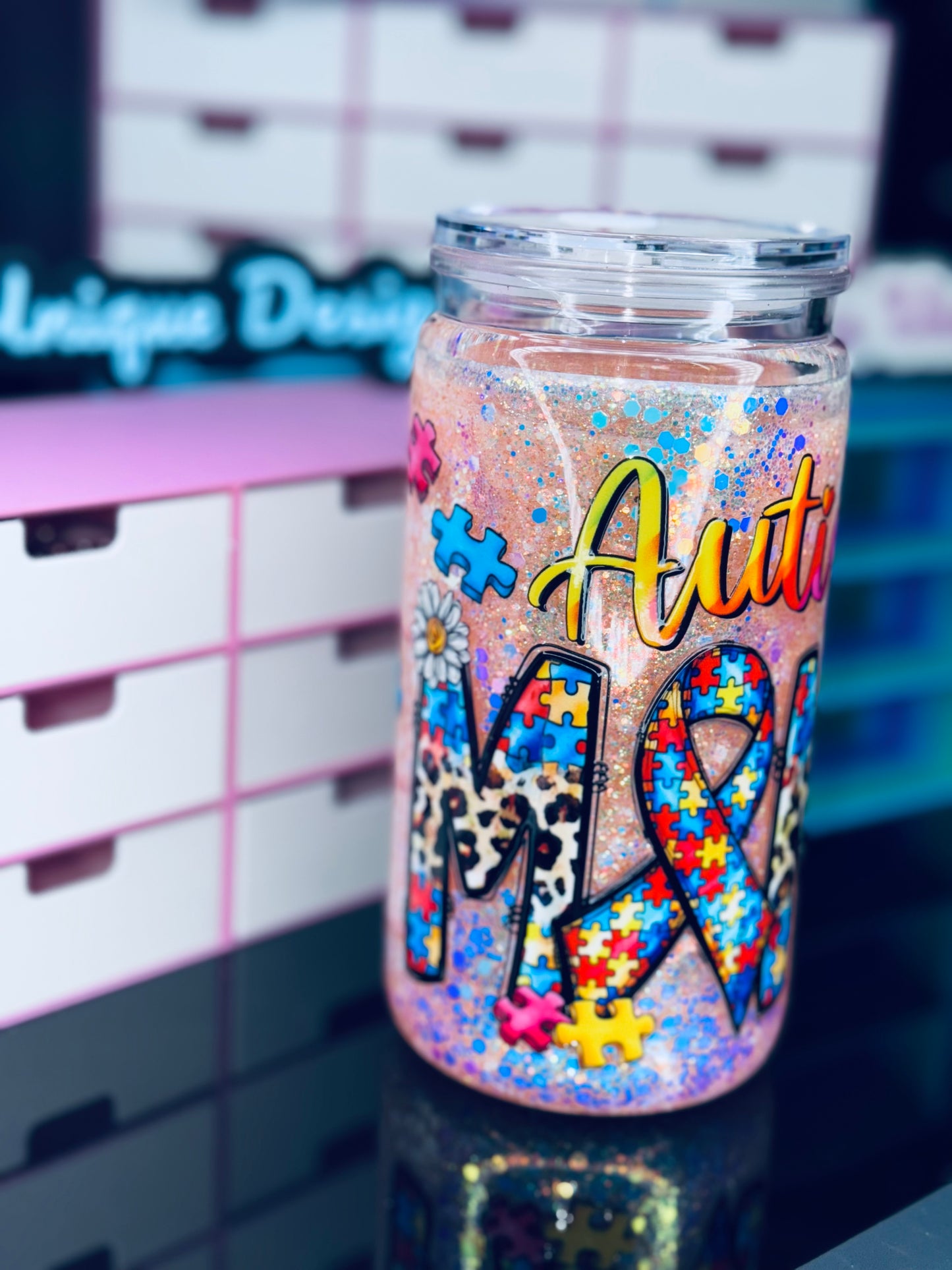 16oz Acrylic AUTISM MAMA Snow globe Tumbler (Ready To ship)