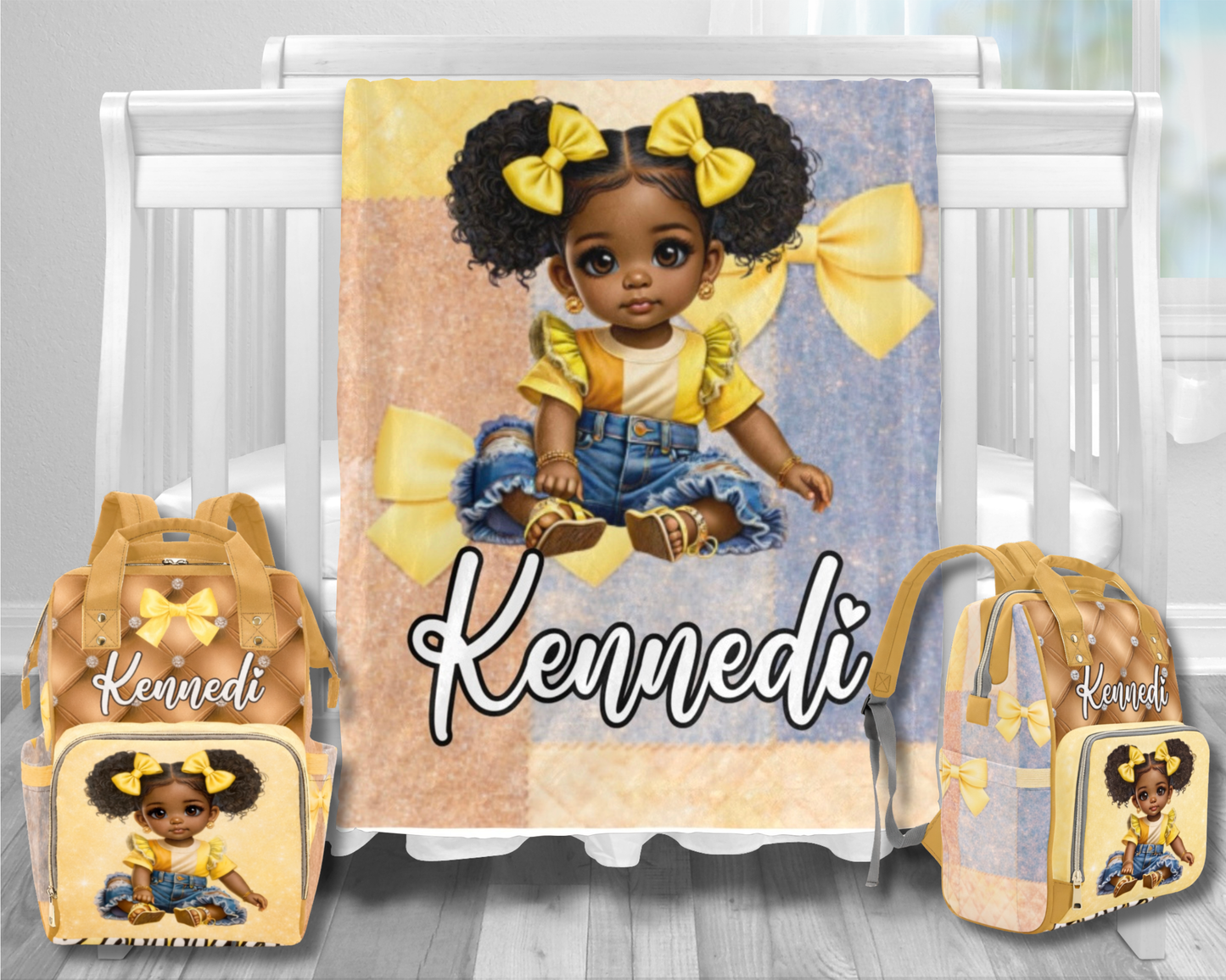 Personalized Bow Diaper Bag and Minky Baby Blanket Bundle