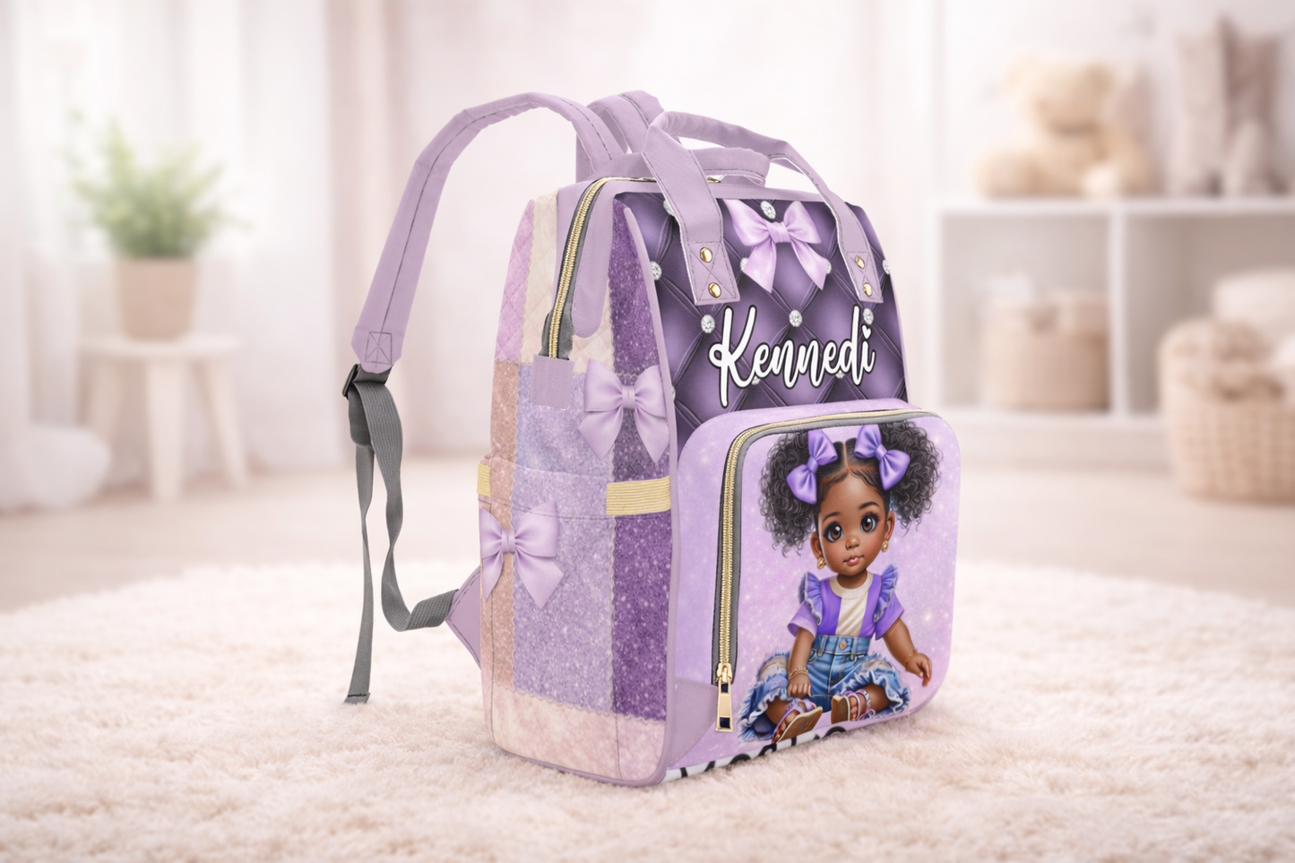 Personalized Bow Diaper Bag and Minky Baby Blanket Bundle