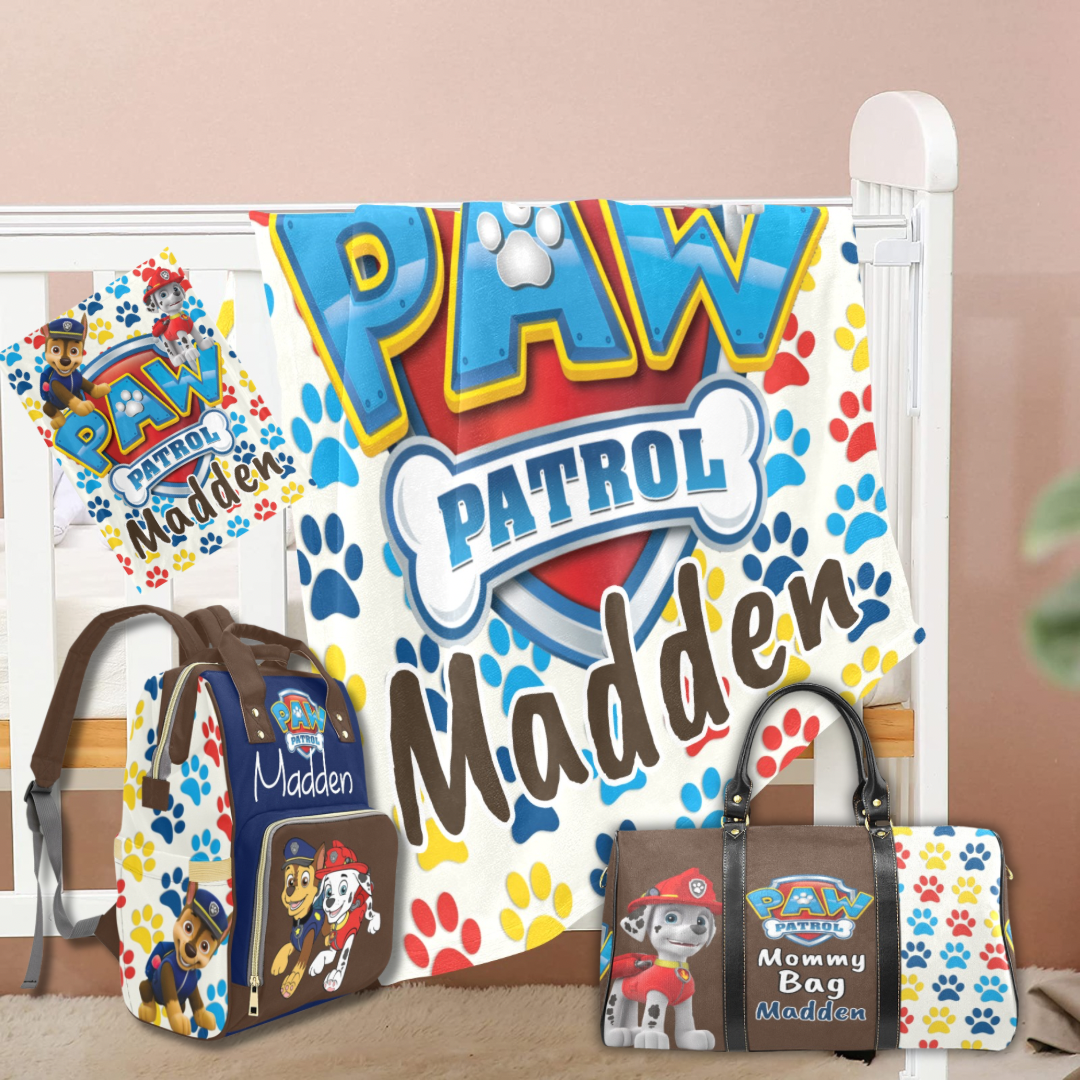 Paw Diaper bag, Mommy bag and Minky Baby Blanket Bundle
