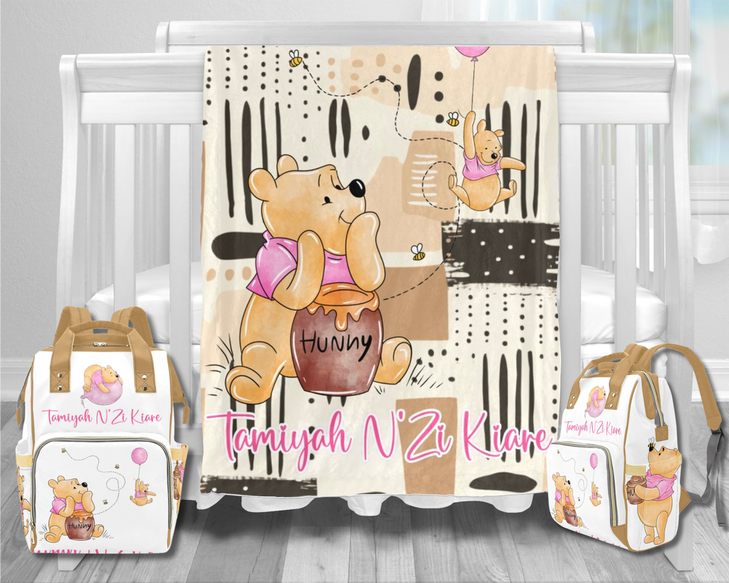 Winnie the Pooh Diaper Bag and Minky Baby Blanket Bundle