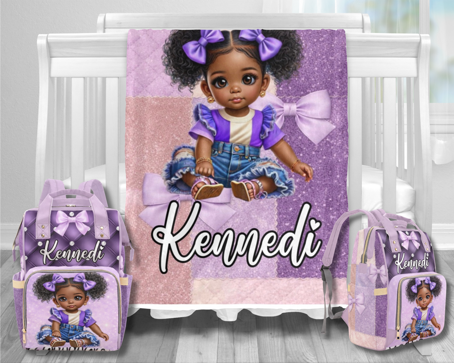 Personalized Bow Diaper Bag and Minky Baby Blanket Bundle