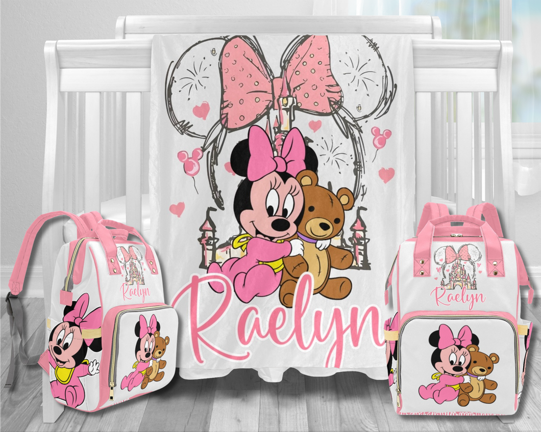 Minnie Mouse Diaper Bag and Minky Baby Blanket Bundle