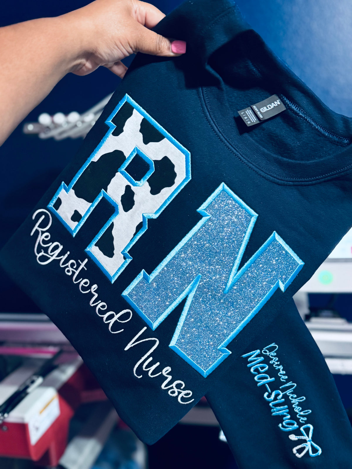 Cowprint & Glitter Appliqué Sweatshirt- with sleeve personalization