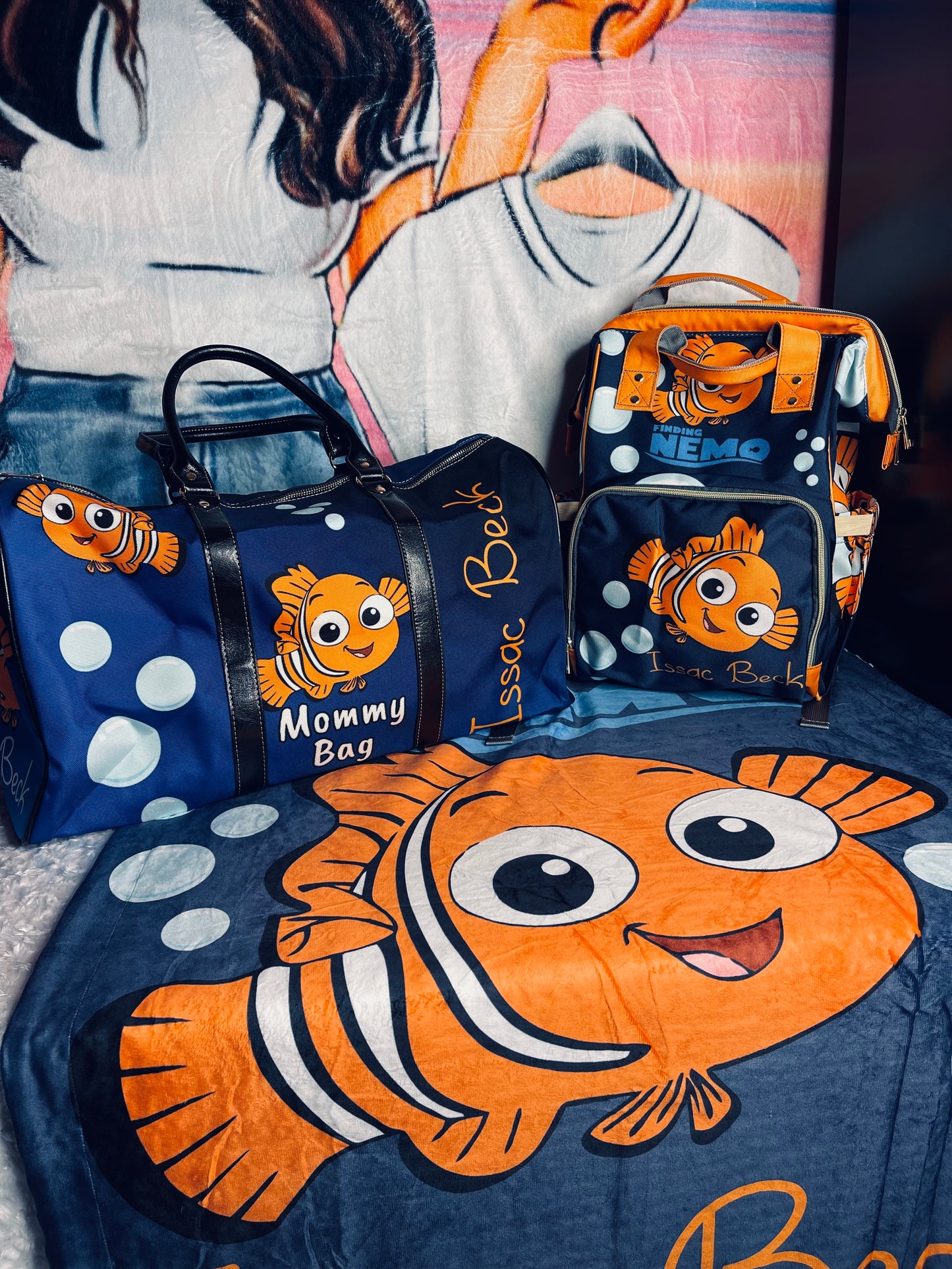 Nemo Diaper bag, Mommy bag and Minky baby blanket bundle