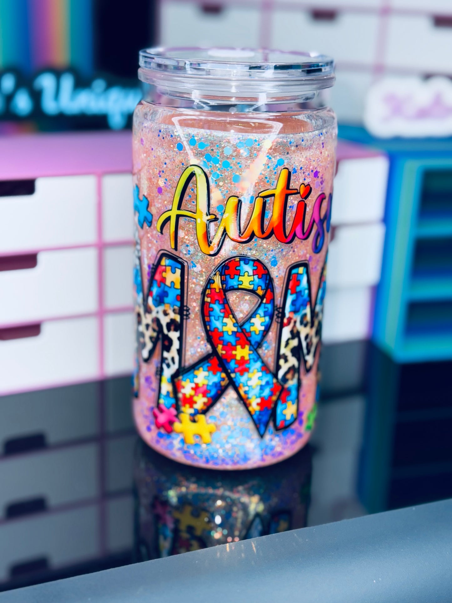 16oz Acrylic AUTISM MAMA Snow globe Tumbler (Ready To ship)