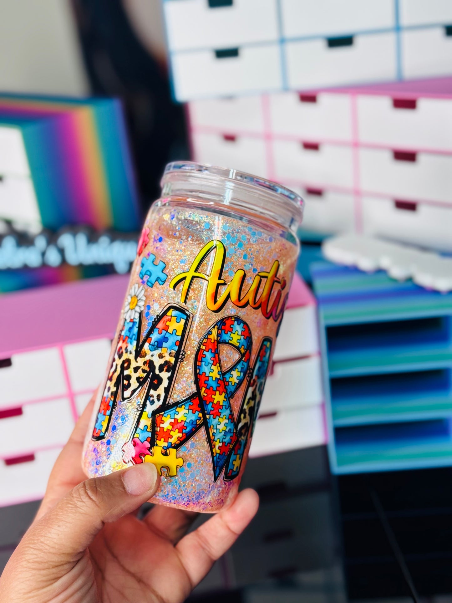 16oz Acrylic AUTISM MAMA Snow globe Tumbler (Ready To ship)