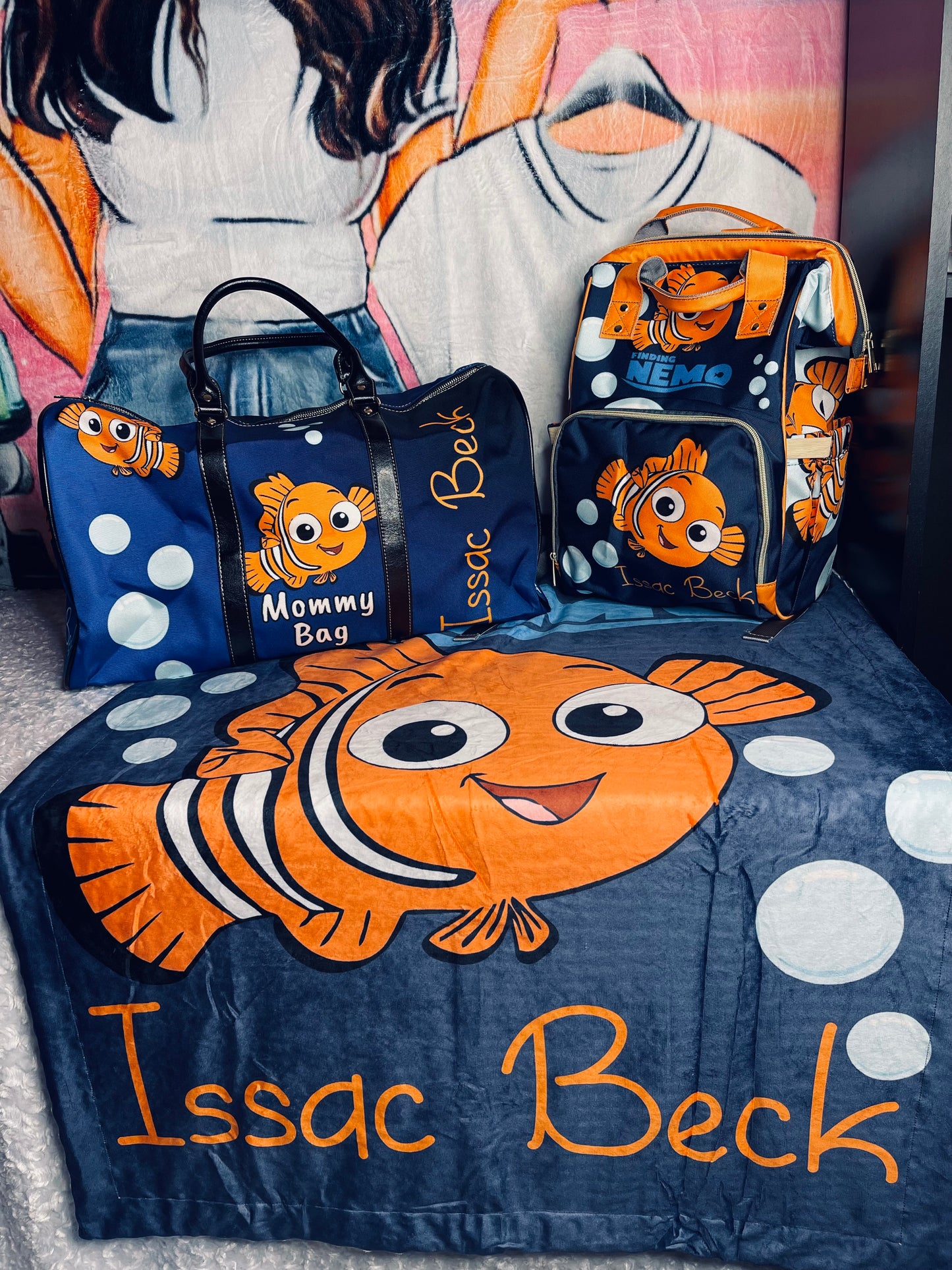 Nemo Diaper bag, Mommy bag and Minky baby blanket bundle