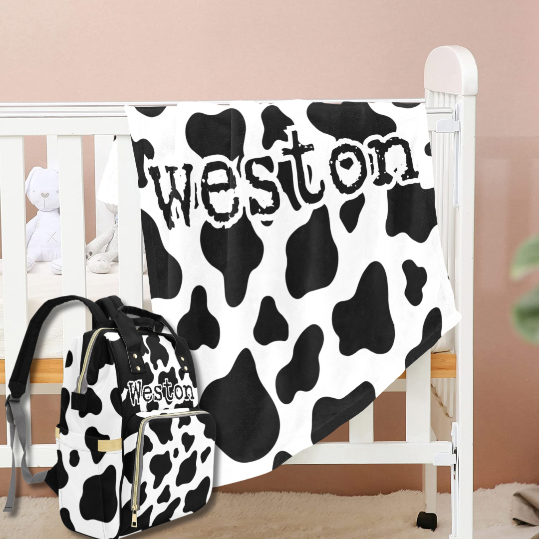 Cow Print Baby Bag and Minky Baby Blanket Bundle