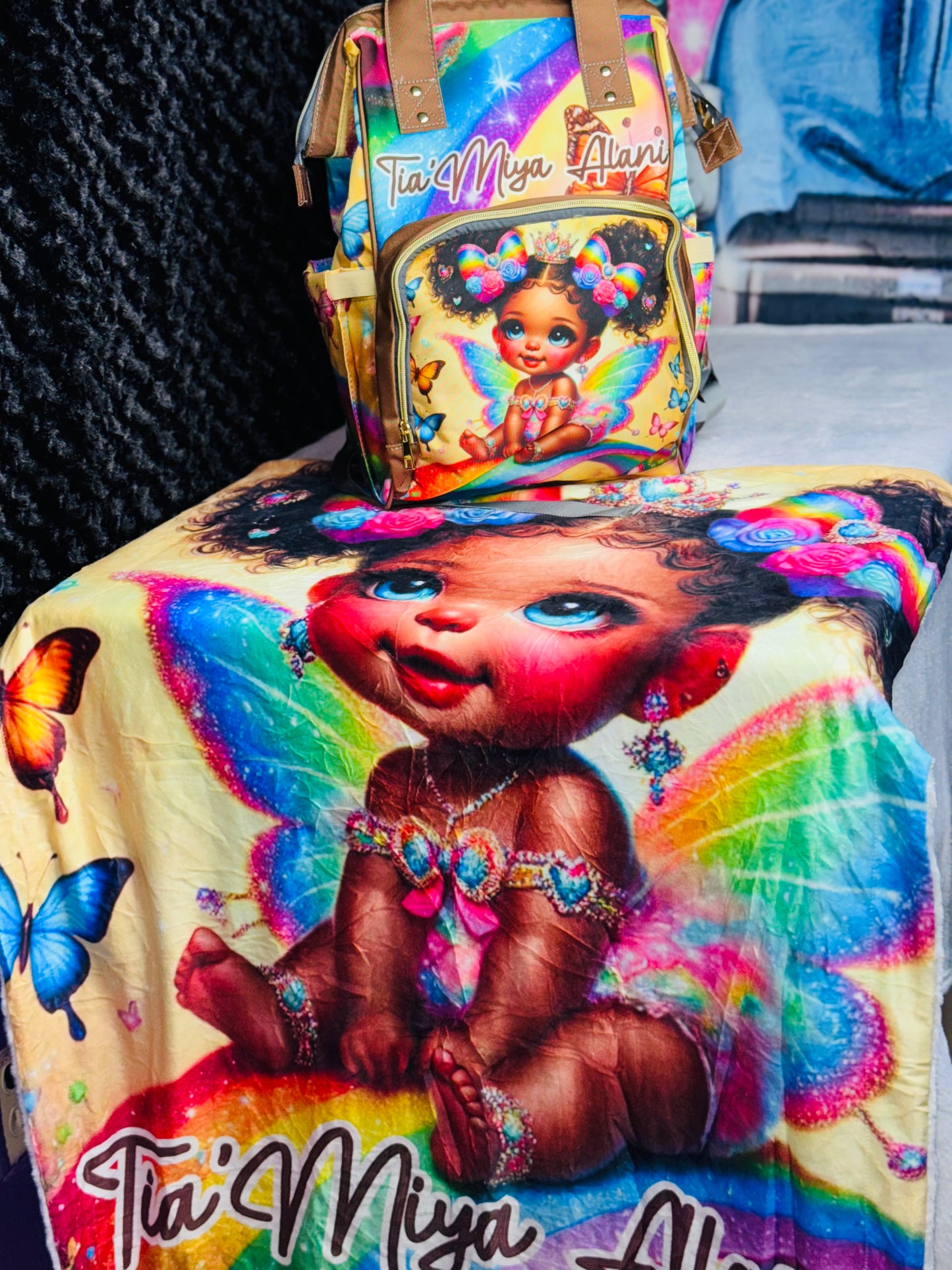 Rainbow Royalty Diaper Bags and Minky Baby Blanket Bundle