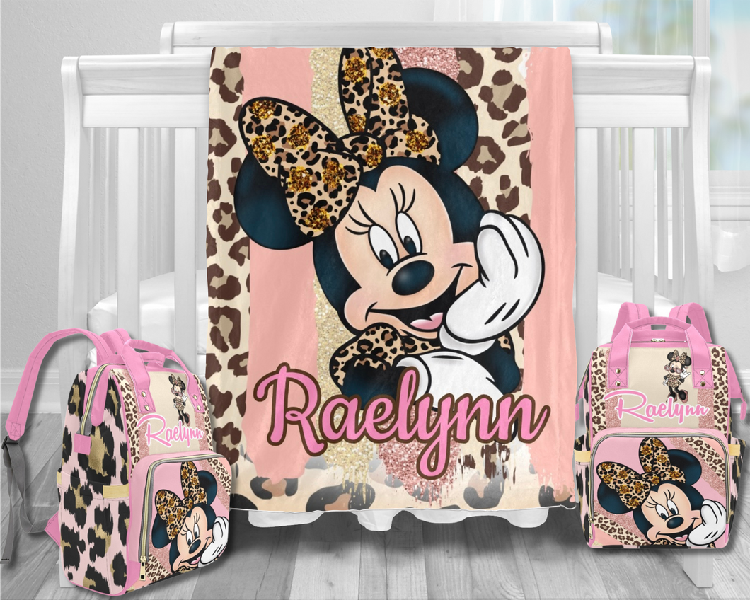 Minnie Mouse Leopard Print Diaper Bag and Minky Baby Blanket Bundle