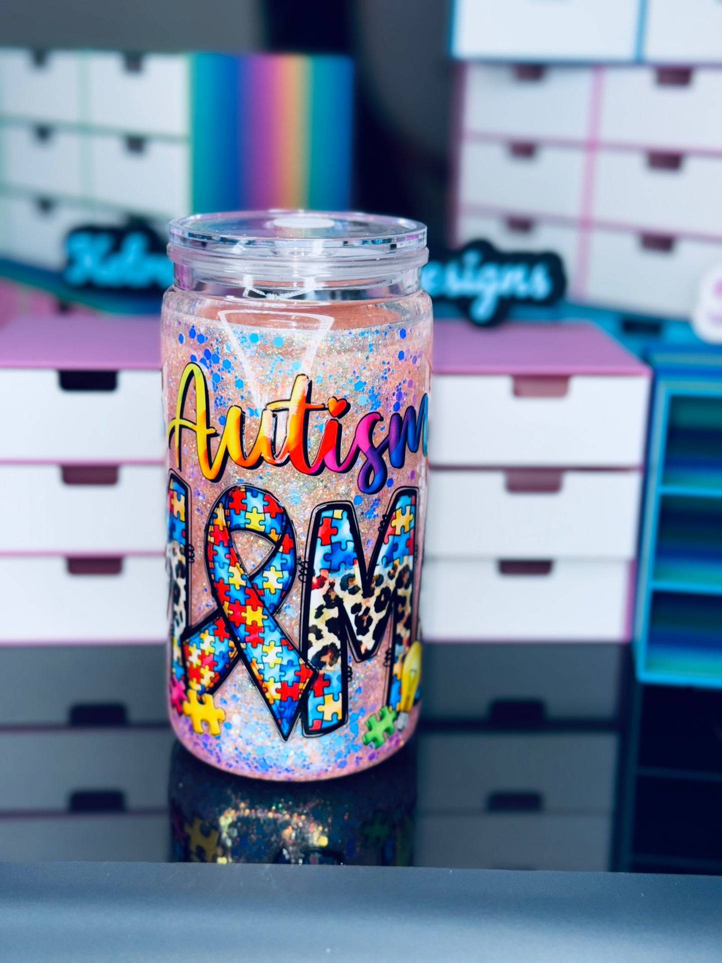 16oz Acrylic AUTISM MAMA Snow globe Tumbler (Ready To ship)
