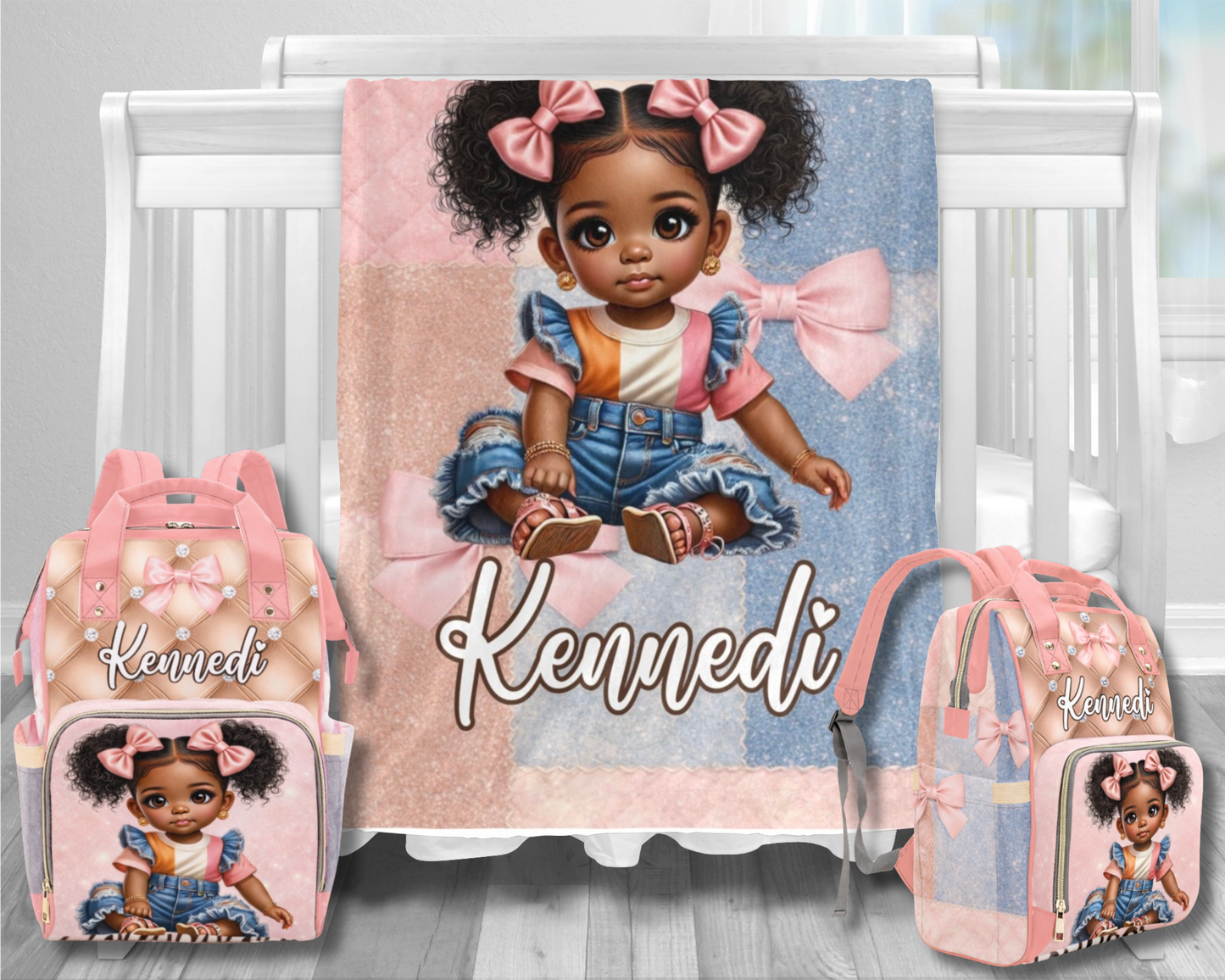 Personalized Bow Diaper Bag and Minky Baby Blanket Bundle