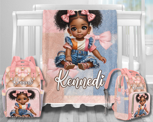 Personalized Bow Diaper Bag and Minky Baby Blanket Bundle