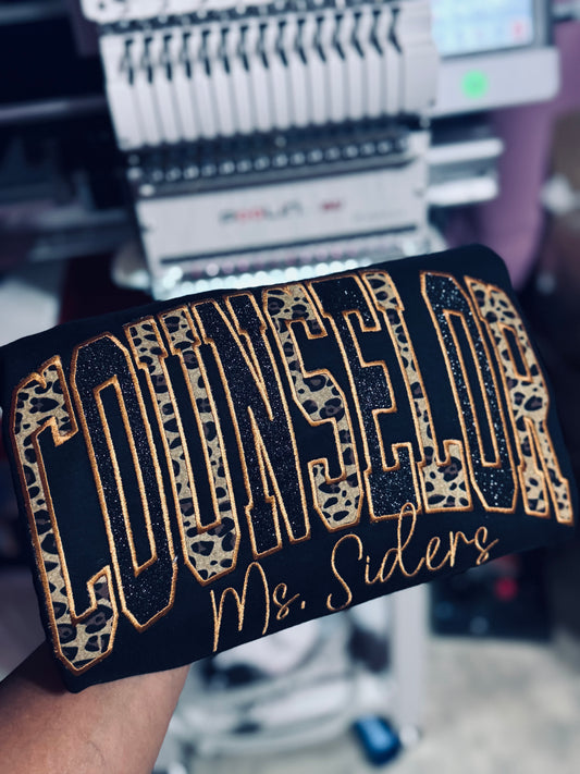 Personalized Counselor Appliqué Sweatshirt | Animal Print & Glitter