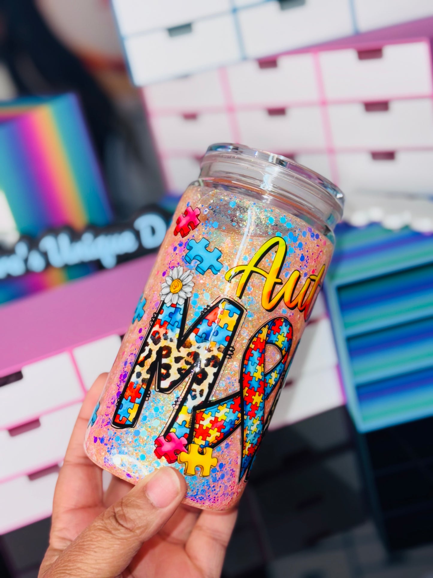 16oz Acrylic AUTISM MAMA Snow globe Tumbler (Ready To ship)