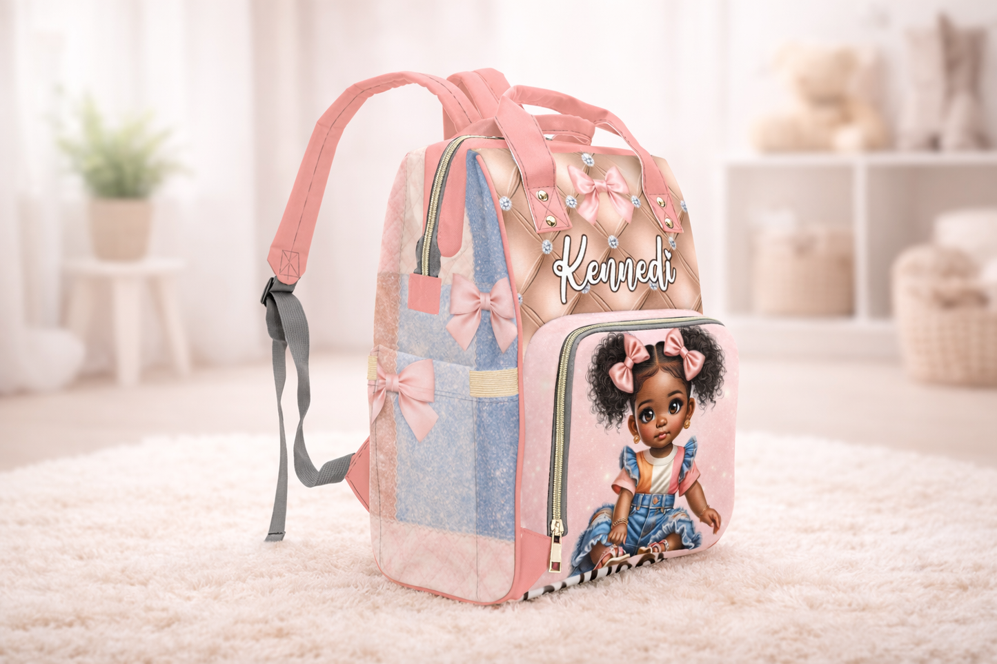 Personalized Bow Diaper Bag and Minky Baby Blanket Bundle
