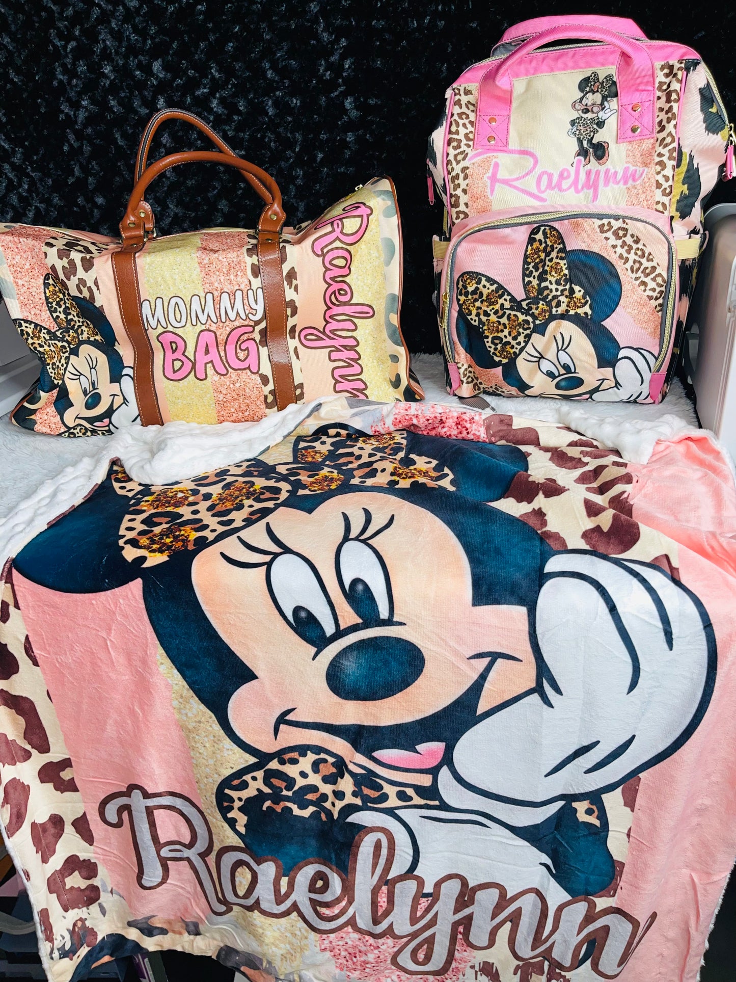 Minnie Animal Print Mommy bag, Baby bag and baby Blanket Bundle