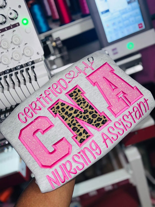 Certified CNA Nursing Assistant Embroidered Sweatshirt | Glitter & Leopard Print