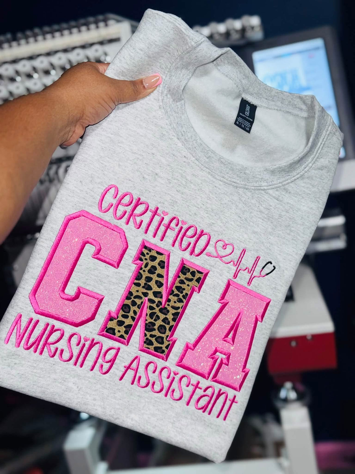 Certified CNA Nursing Assistant Embroidered Sweatshirt | Glitter & Leopard Print