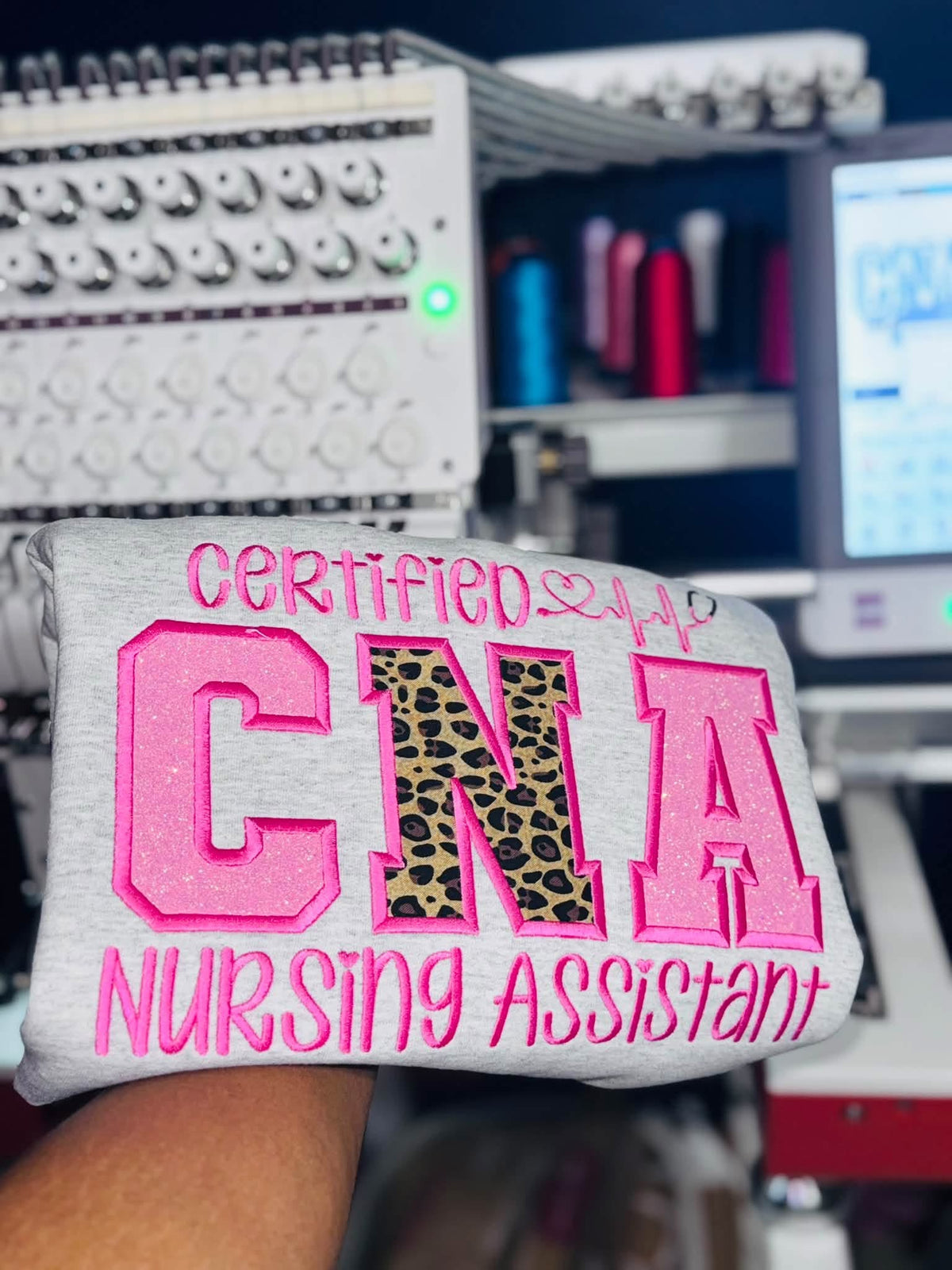 Certified CNA Nursing Assistant Embroidered Sweatshirt | Glitter & Leopard Print