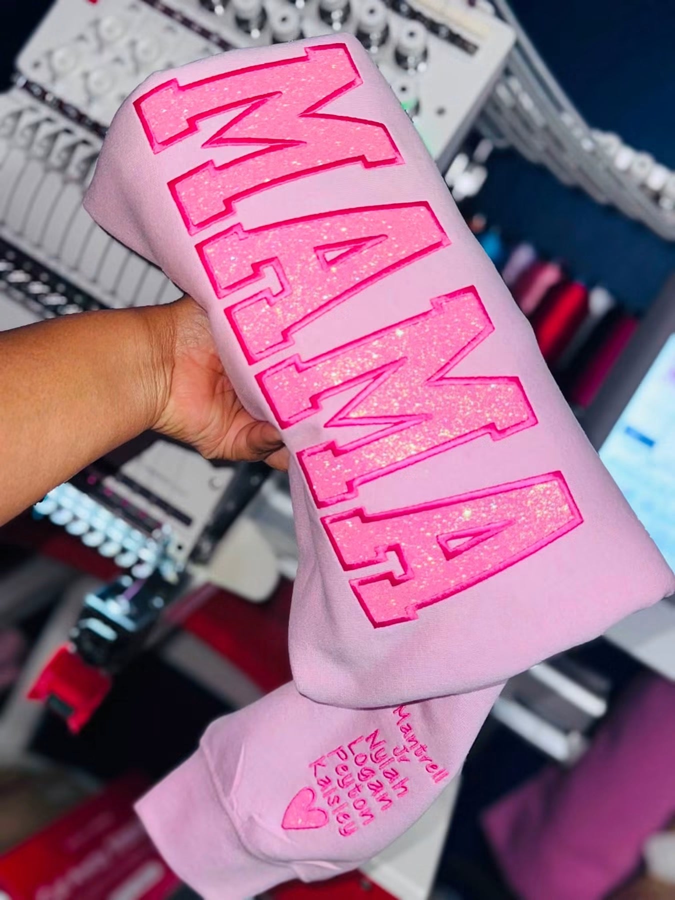 Personalized MAMA Glitter Appliqué Sweatshirt with Sleeve Names