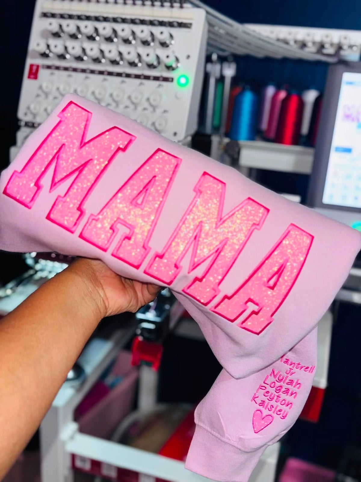 Personalized MAMA Glitter Appliqué Sweatshirt with Sleeve Names