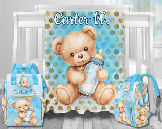 Blue Teddy Bear Diaper Bag and Minky Baby Blanket Bundle